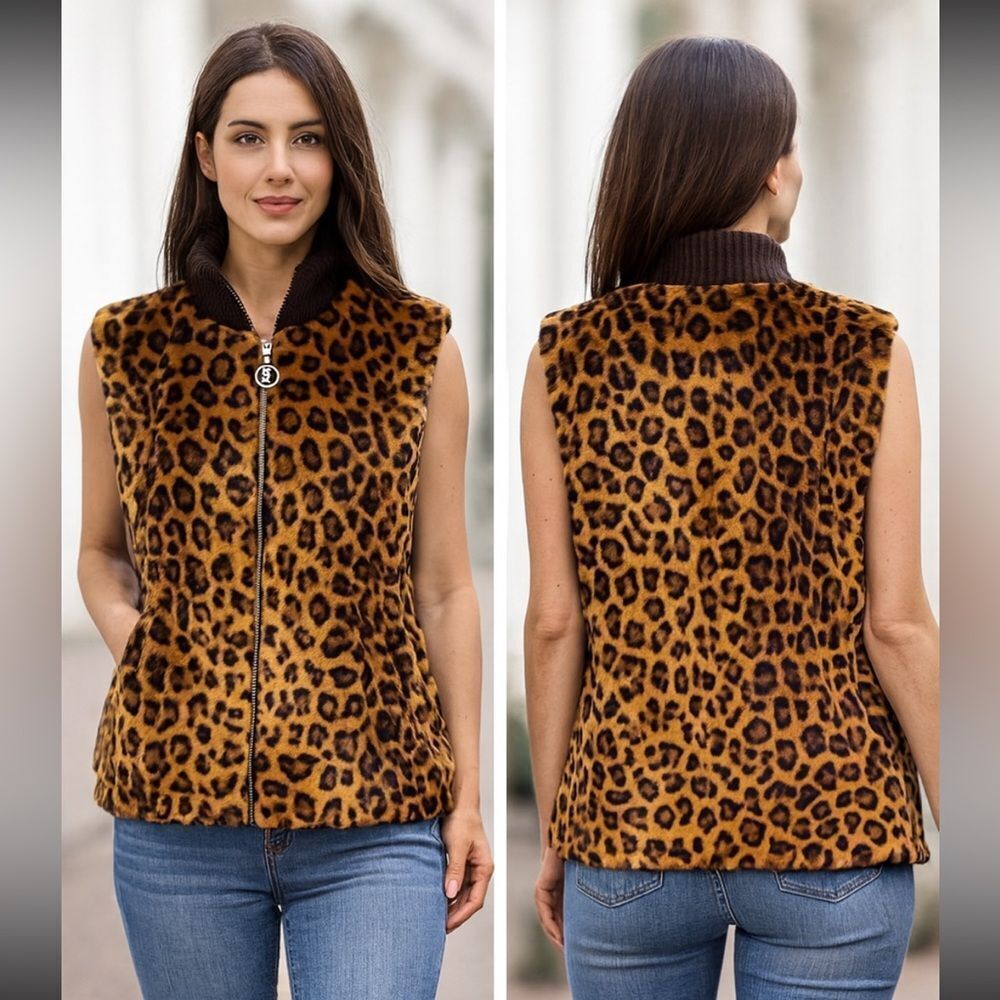 St.John SportLeopard Print Faux Fur Vest, M